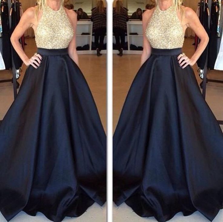 black and champagne prom dress