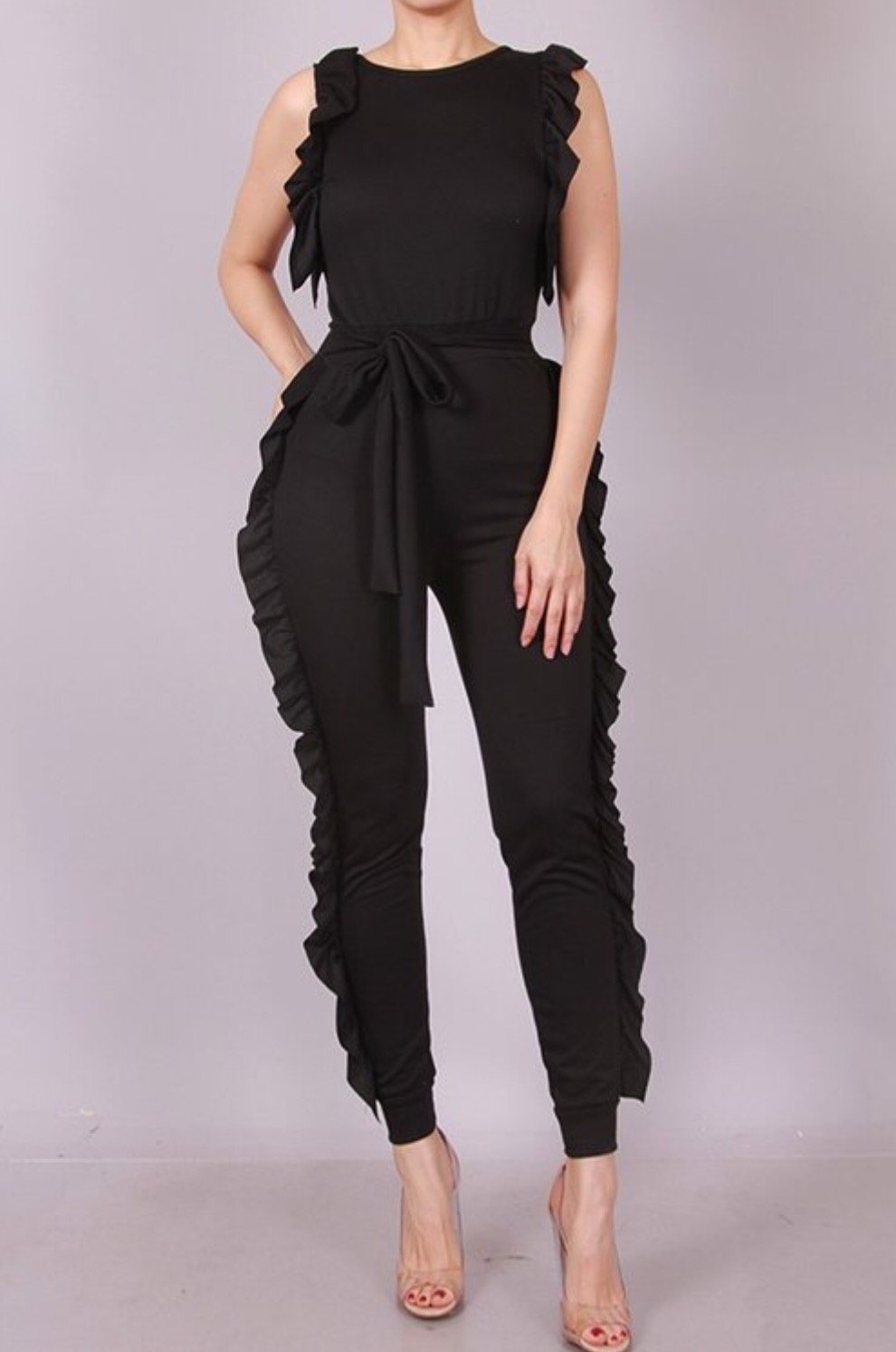 jumpsuit with ruffles on the side