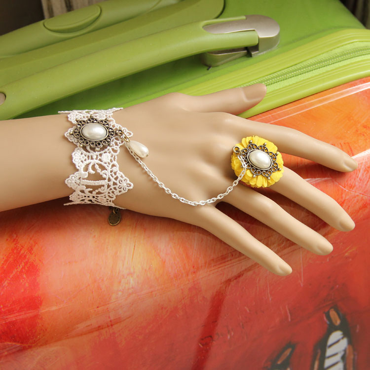 White Lace Bracelet, White Beaded Link Chain, Vintage Yellow Flower Ring, Pearl Ring Jewelry Adjustable, BW26 · JeanC Boutique · Online Store Powered by Storenvy