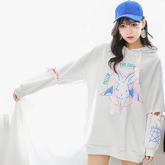 Women Hooded Sweatshirt Rabbit Pentagram Printed Casual Hoodies Lace Up Loose