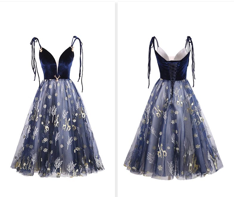 Dark blue v neck velvet short prom dress, evening dress on Storenvy