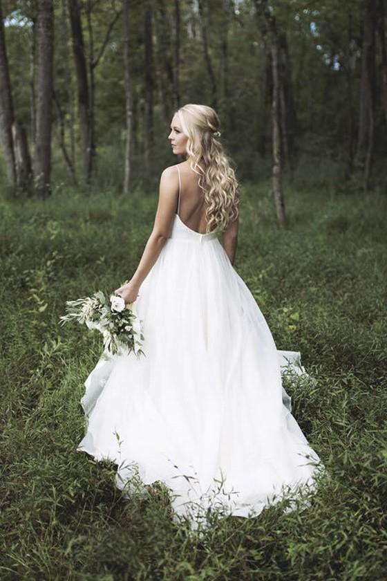 Simply Satin Backless Forest Themed Wedding Dresses with Organza Skirt