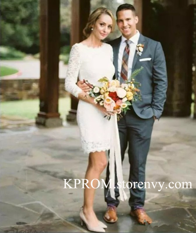 Sheath 3 4 Sleeve White Lace Wedding Dresses Charming Ivory Custom
