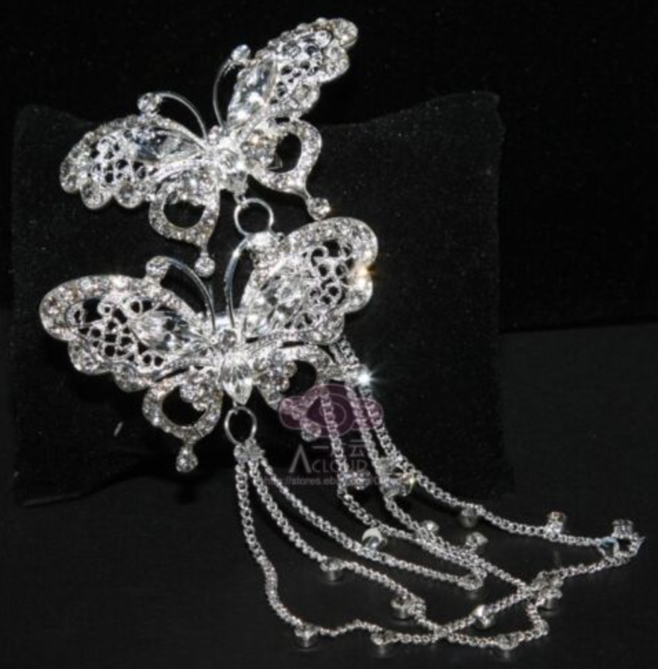 Silver Butterfly Crystal Rhinestone Chain Hair Clip White Garden