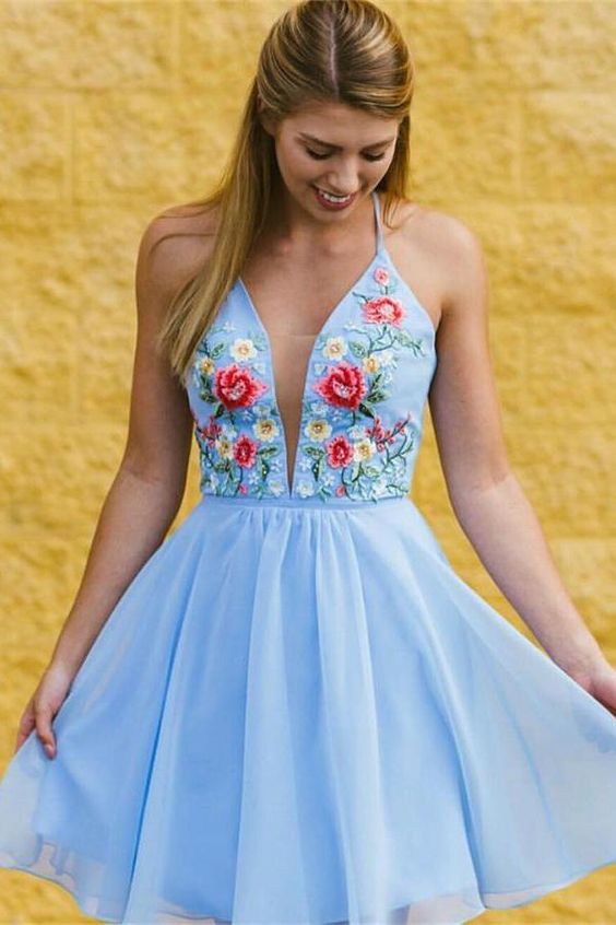 light blue flower prom dress