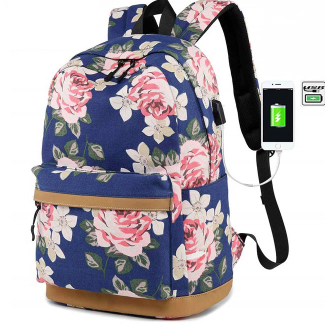 Fashion Floral USB Interface Rose Canvas Laptop Student Backpack Large