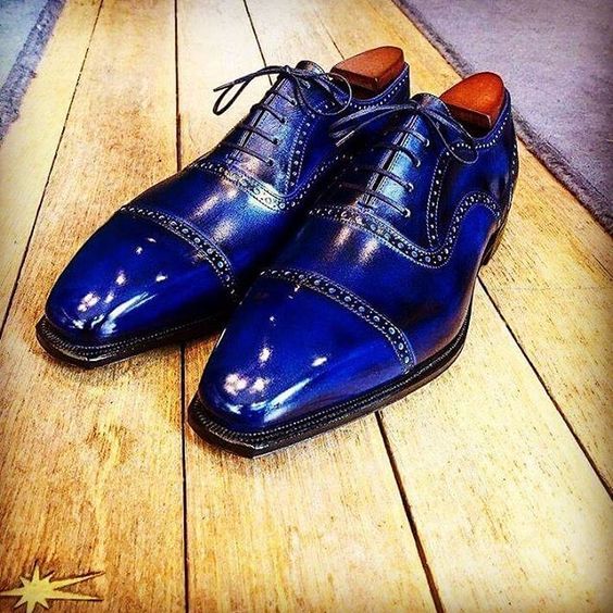 Men Oxford Shiny Blue Color Rounded Cap Toe Patent Genuine Leather Lace