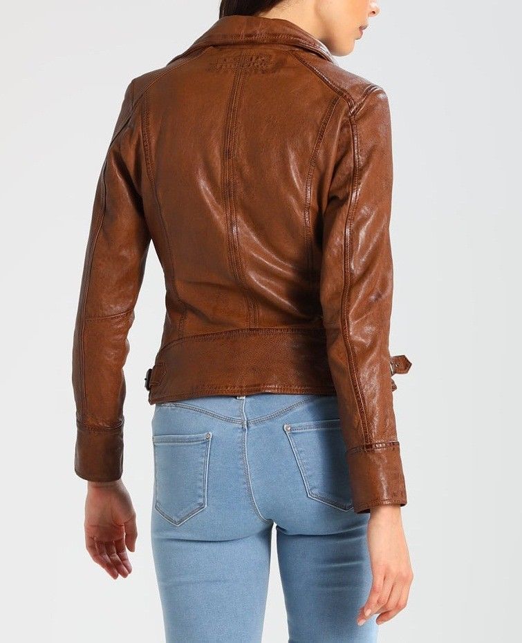Women Tan Leather Jacket with wide collar, Biker Jacket for Women, Stylish Jackets for Women