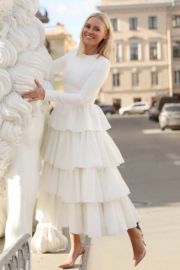 Burgundy Long Sleeves Prom Dress with Layered Skirt on Storenvy