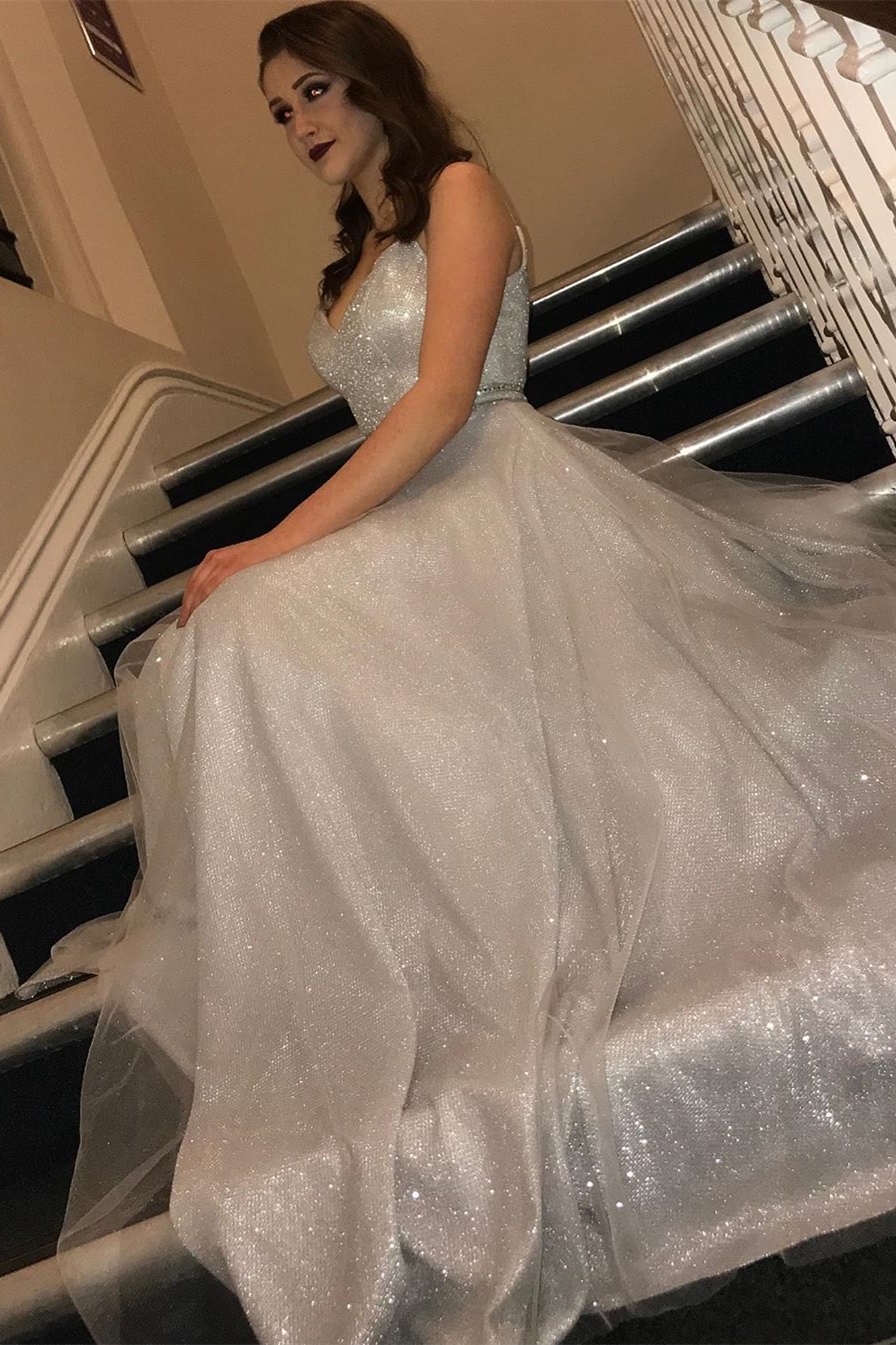 Glitter Silver Long Prom Dress with V Neckline on Storenvy