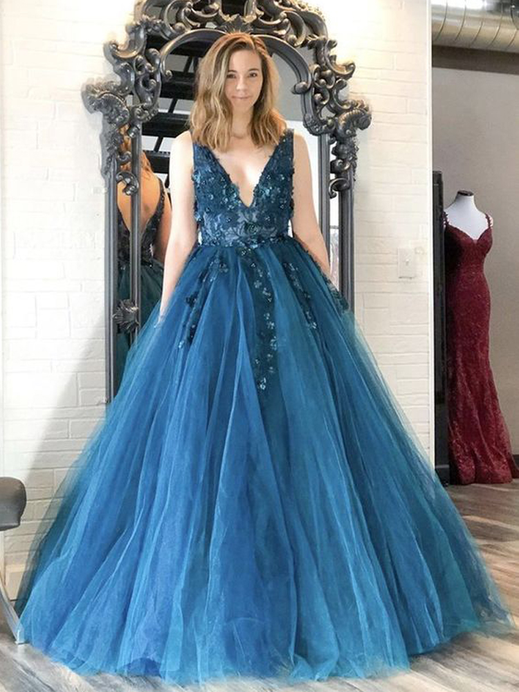 Charming Ball Gown V Neck Open Back Teal Tulle Long Prom Dresses with Appliques,Quinceanera 