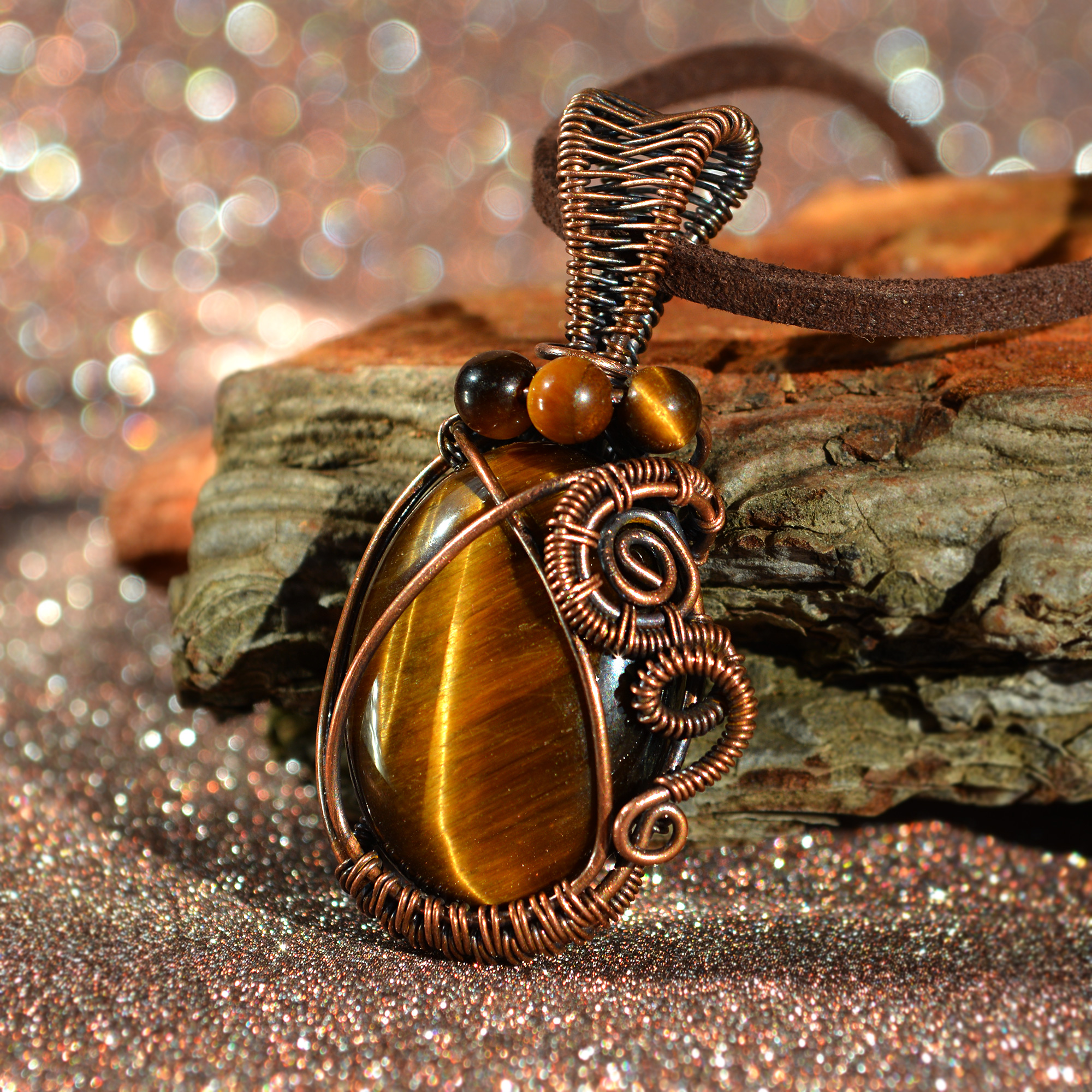 Large Tiger/'s Eye Wire Wrapped Pendant Necklace Jewelry