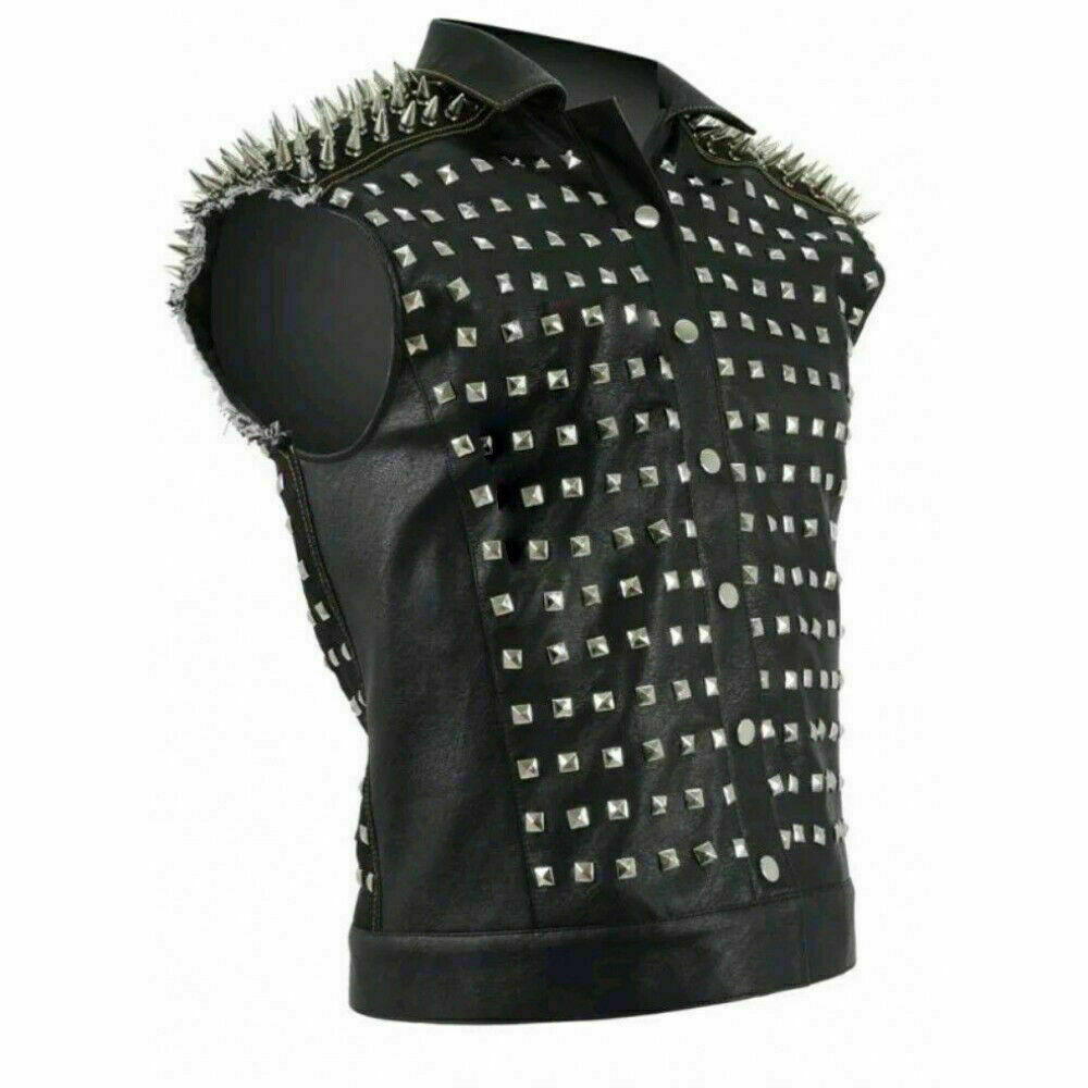 New Mens Black Full Silver Spiked Studded Punk Rock Cowhide Biker