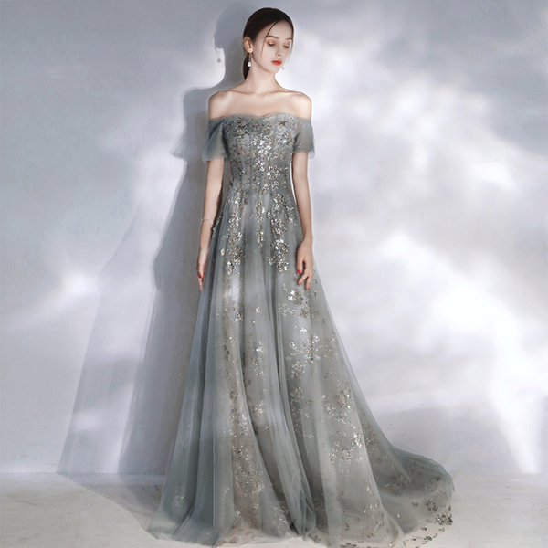 GREY TULLE BEADS LONG PROM DRESS SHINY EVENING DRESS    cg17392 main image 1
