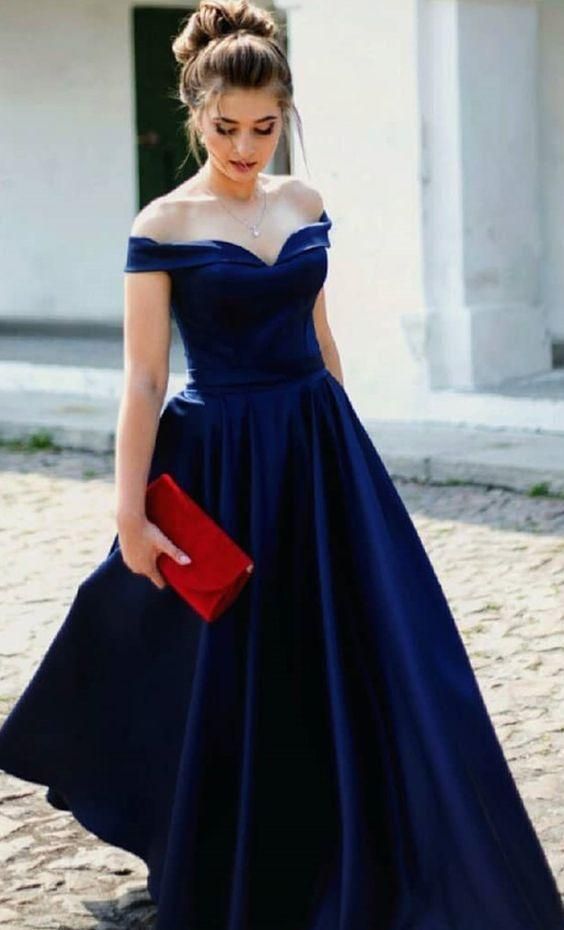 navy blue gown off shoulder