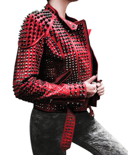 New Women Red Full Heavy Metal Black Spiked Tonal Studded Punk Leather Jacket Rock Biker Style jacket women