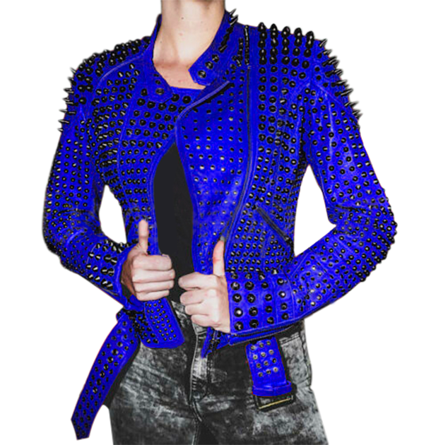New Women Red Full Heavy Metal Black Spiked Tonal Studded Punk Leather Jacket Rock Biker Style jacket women