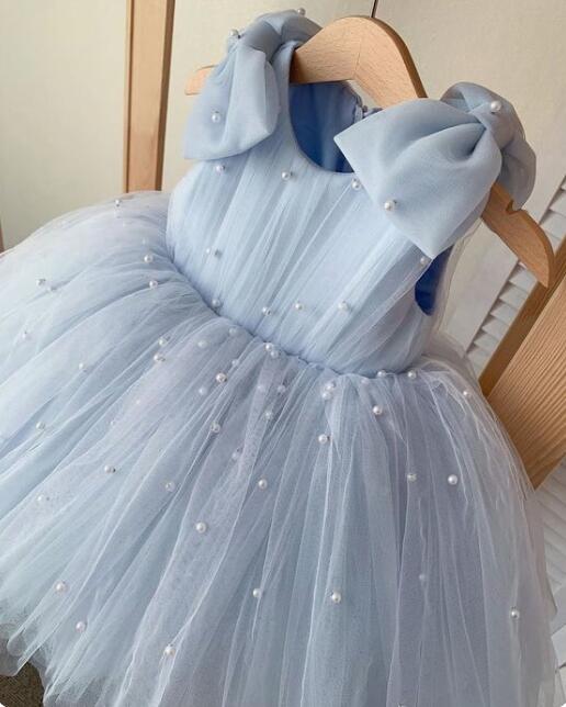 grey blue flower girl dress