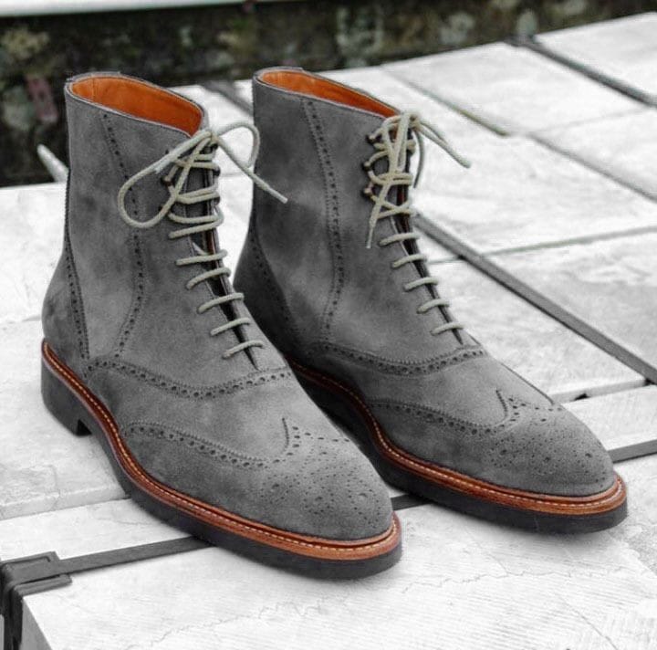 Handmade Gray Wing Tip Boot, Men's Suede Lace Up Ankle Boot, Formal